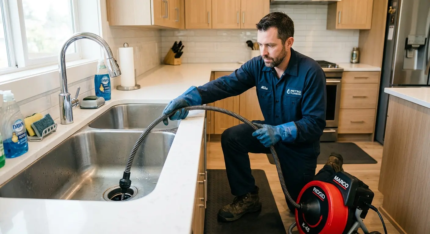 Drain cleaning technician using a motorized snake on a kitchen sink in Kings Grant