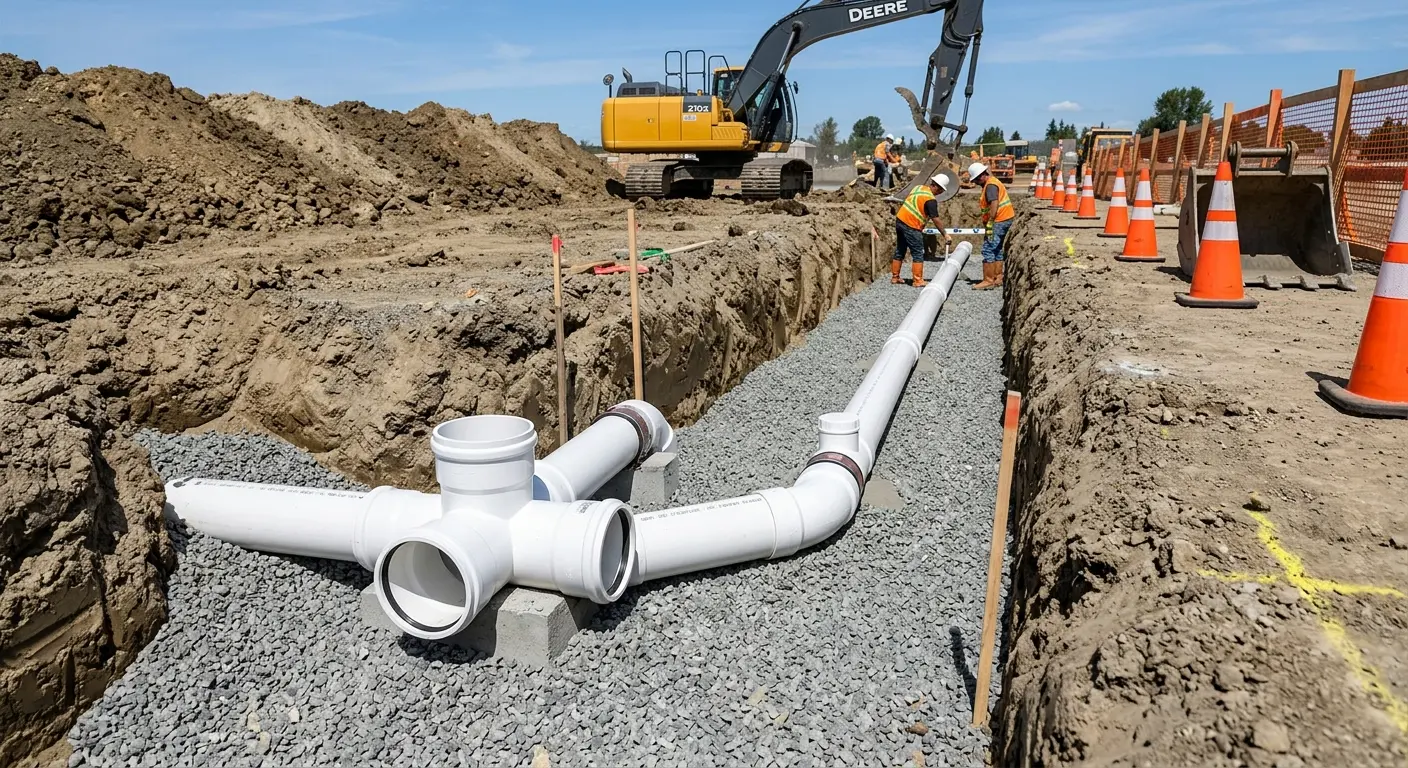 New PVC sewer pipe installation in open trench for Sewer Backup in Kings Grant