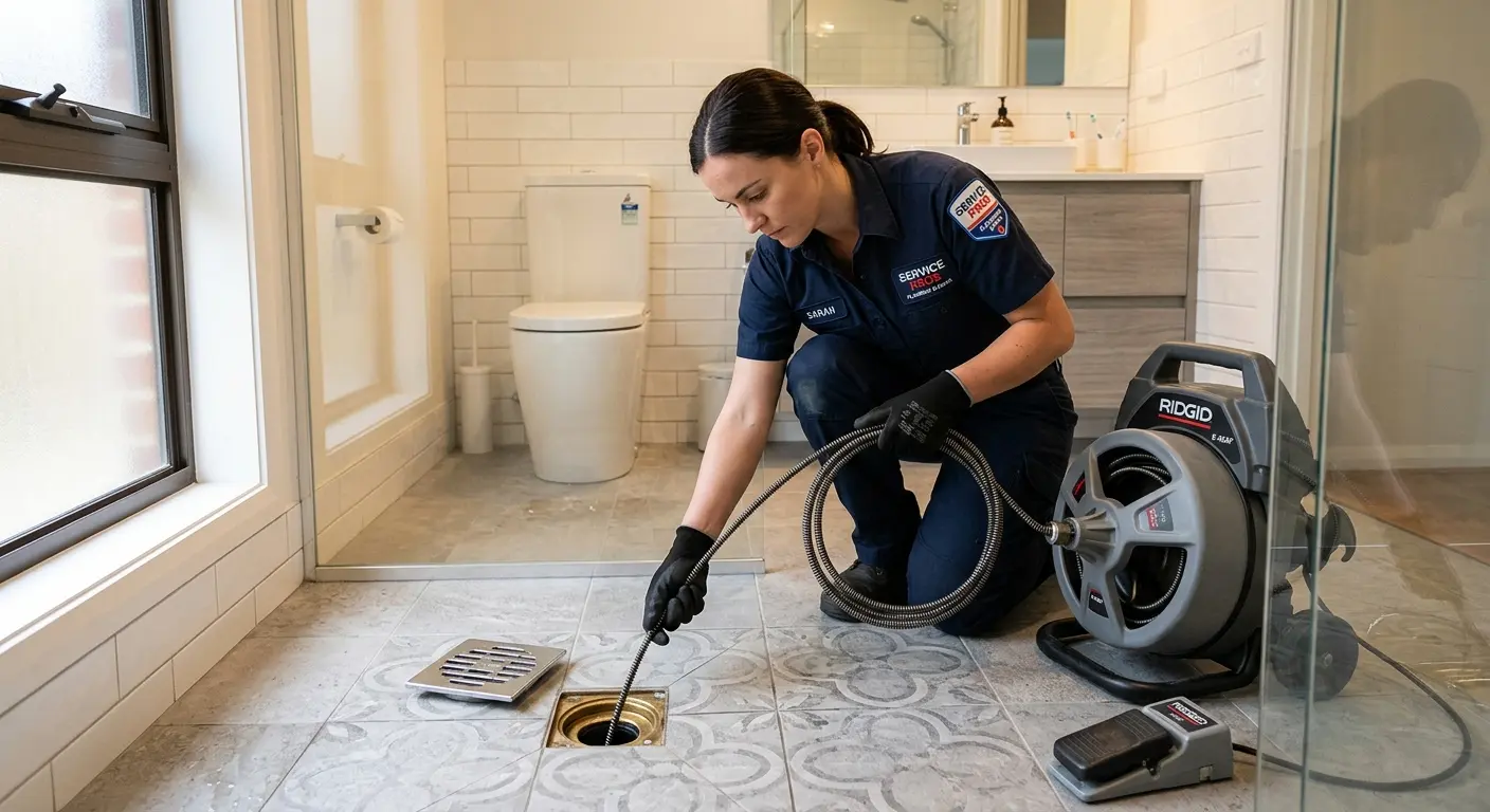 Technician clearing a bathroom floor drain for Drain Cleaning in Kings Grant